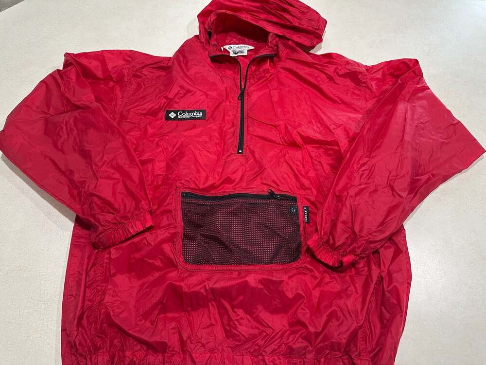 Vintage Columbia Red Packable Nylon Hooded Windbreaker Jacket 1/2 Zip Men Large